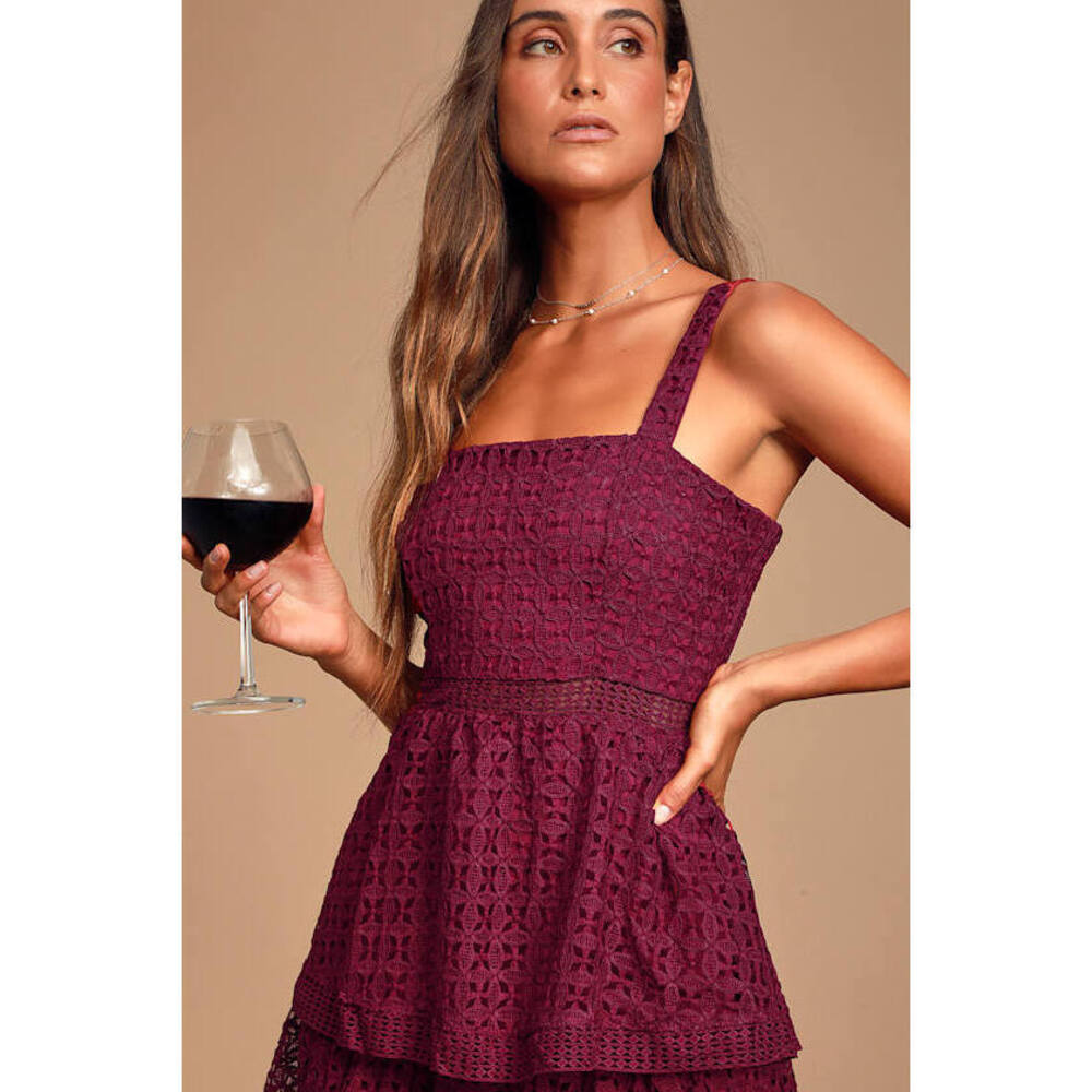 Lulus Outstanding Burgundy Crochet Lace Ruffled Midi Dress Red - Size S